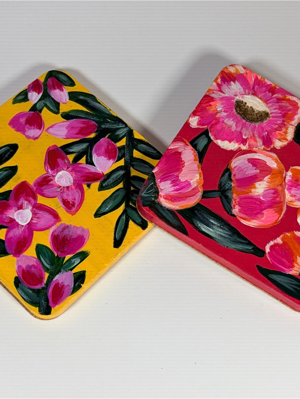 Hand-Painted Floral Leather Coasters - Pink & Yellow - Picture 2 of 6